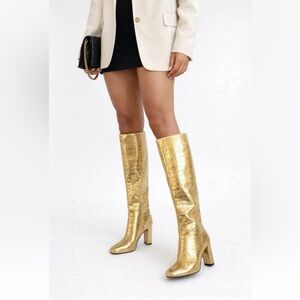 Zara Metallic Gold Croc-Embossed Knee High Block Heel Tall Boots Sz 6 NWT